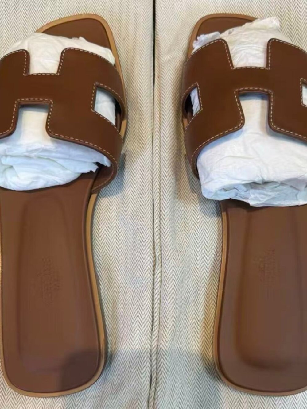Hermes Oran Brown Leather H Slide Flat Sandals